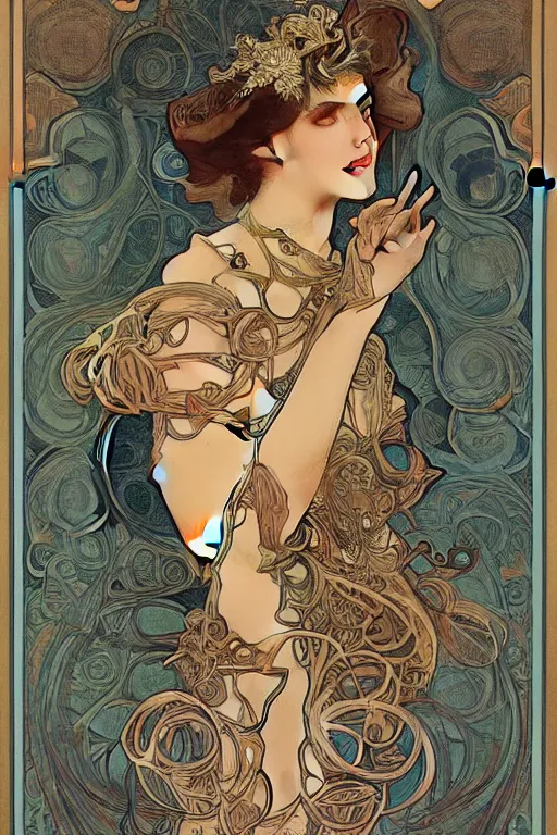 Prompt: artwork by Alphonso Mucha ,a semi-mechanized queen ,willowy body , wearing gorgeous clothes,Rembrandt Lighting