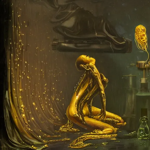 Prompt: dark green steamy hi-tech sci-fi lab at night, realistic gustave coubert painting of hideous and sick black onyx skin woman dressed in rags exposed guts crawling in two legs and dripping golden metalic fluid from intestine into a puddle of golden liquid on the floor. Smokey atmosphere