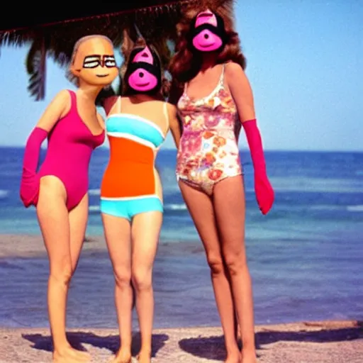 Image similar to 1969 twin women on tv show wearing an inflatable mask long prosthetic snout nose with googly eyes, soft color wearing a swimsuit at the beach 1969 color film 16mm holding a an inflatable hand Fellini John Waters Russ Meyer Doris Wishman old photo