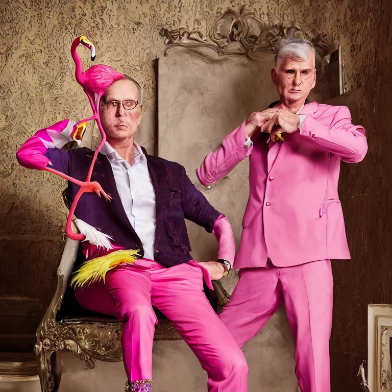 Prompt: high fashion photoshoot octane render portrait by wayne barlow and carlo crivelli and glenn fabry, a distinguished actor wearing a colorful wes anderson designed uniform and holding an irritated pink flamingo inside a high - end exotic colorful pastel vintage boutique hotel lounge, very short depth of field, bokeh