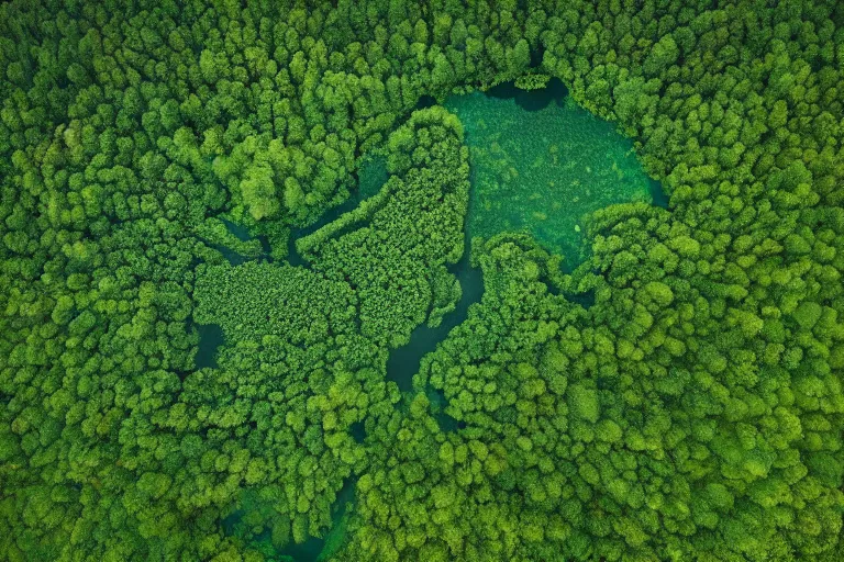 Image similar to a gigantic lake with a detailed heart shape in the middle of a green forest, aerial photography by yann arthus bertrand