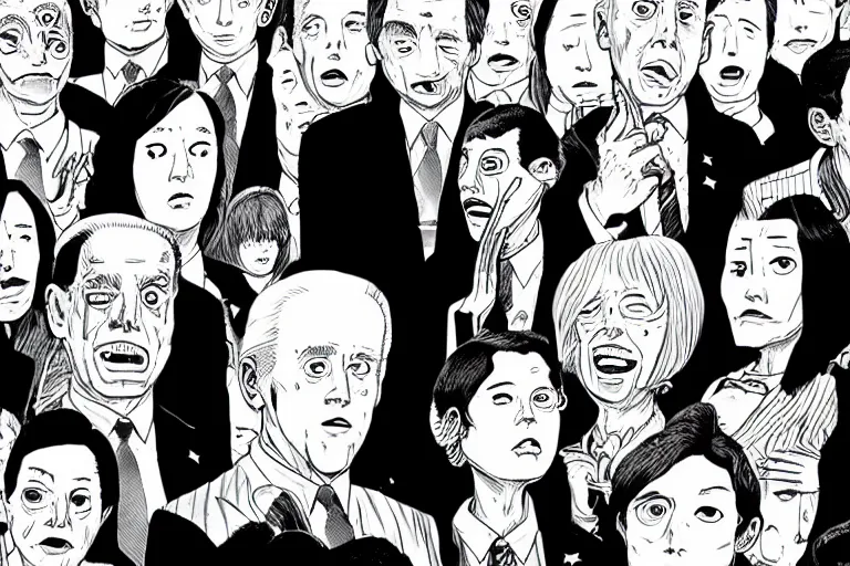 Prompt: Joe Biden lies, people melt, Junji Ito