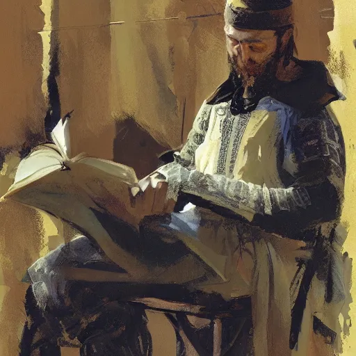 Image similar to portrait of a man wearing medieval clothes reciting poetry, detailed by greg manchess, craig mullins, bernie fuchs, walter everett