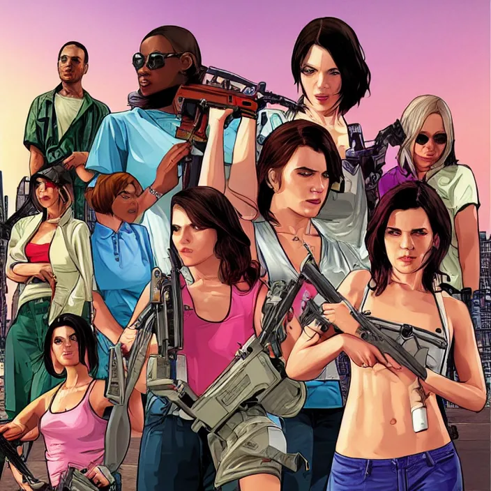 Image similar to female protagonists in gta, cover art by stephen bliss, boxart