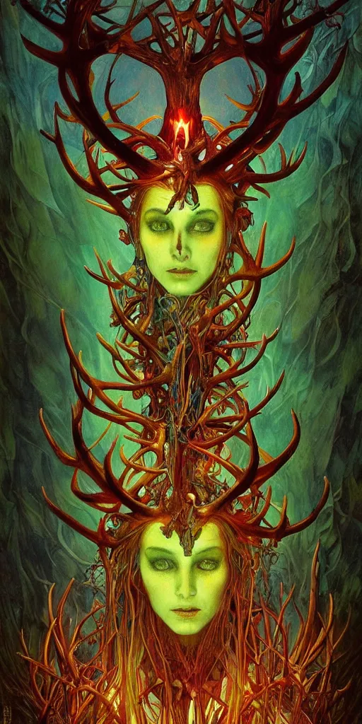 Prompt: intense glowing pagan god with antlers and veins and intense glowing eyes in very dark forest by karol bak and beksinski and alphonse mucha, portrait, fantasy, clear, light beams, lens flare, intense, uhd, red and teal and yellow, amazing depth, cinematic lighting