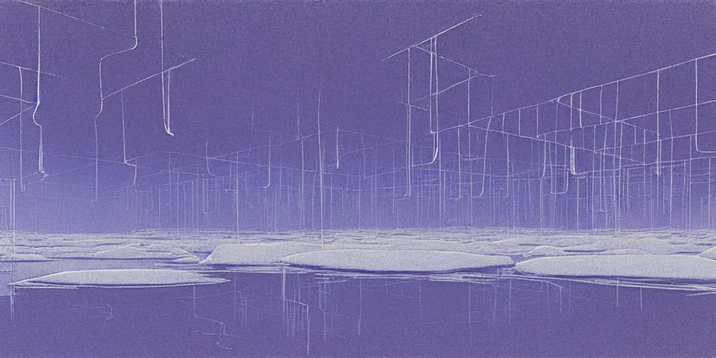 Image similar to grainy risograph matte painting of electric hooverboards flying over ice, a lot of mirror screens around, foggy, сovered web and cotton, by moebius, hyperrealism, intricate detailed