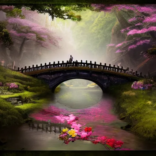 Image similar to matte painting of an old oriental bridge decorated with flowers alongside above a small river stream next to a large chinese temple, realistic, 4 k, artstation, dreamy, fog, volumetric lighting