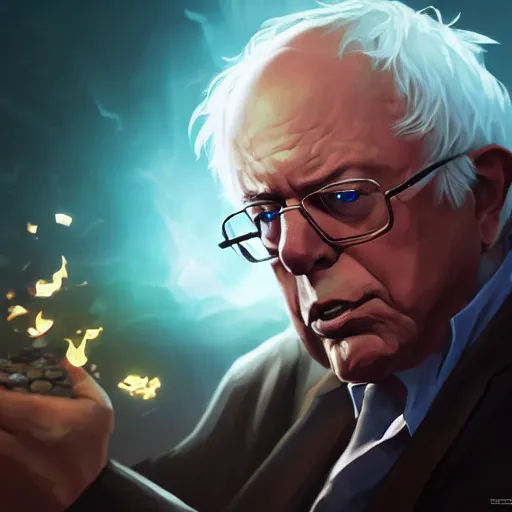 Image similar to portrait of bernie sanders burning money, league of legends amazing splashscreen artwork, splash art, natural light, elegant, photorealistic facial features, intricate, fantasy, detailed face, atmospheric lighting, anamorphic lens flare, cinematic lighting, league of legends splash art, hd wallpaper, ultra high details by greg rutkowski