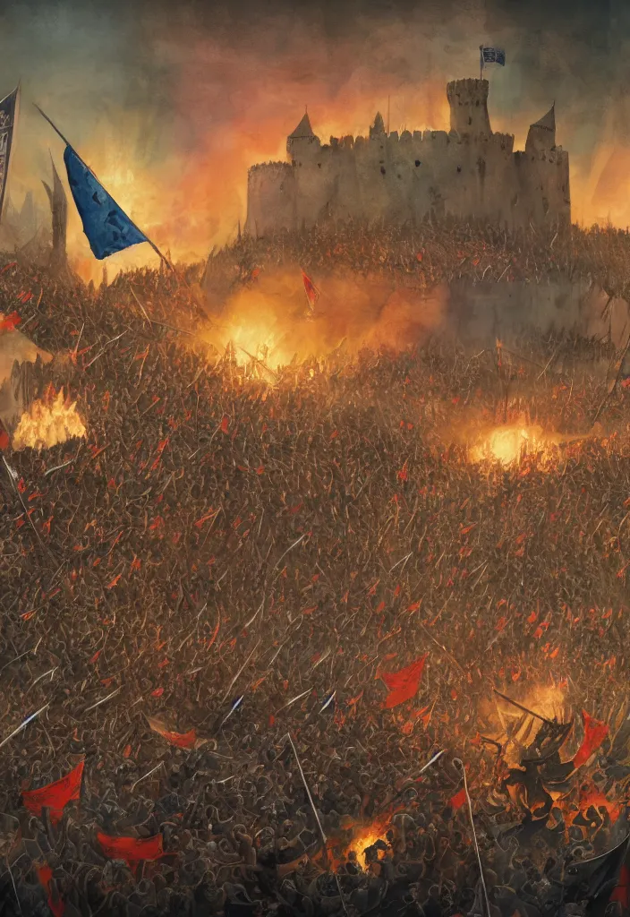 Image similar to handmade illustration of an epic medieval battle between a very small group of medieval soldiers, a few banners and flags, flying arrows, a small castle at the background, some smoke and fire, line art, ink, watercolor by Kilian Eng and by Jake Parker, heavy brushstrokes, winning-award masterpiece, fantastic, octane render, 8K HD Resolution, High quality image