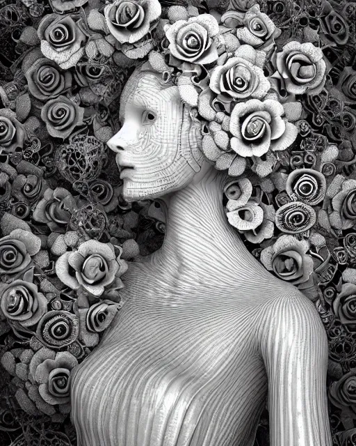 Image similar to mythical dreamy black and white organic bio-mechanical spinal ribbed profile face portrait detail of translucent steampunk beautiful female angelic-human-queen-vegetal-cyborg, highly detailed, intricate trnaslucent ivy jelly ornate, poetic, translucent roses ornate, 3D render, digital art, octane render, 8K artistic photography, photo-realistic, by Dora Maar