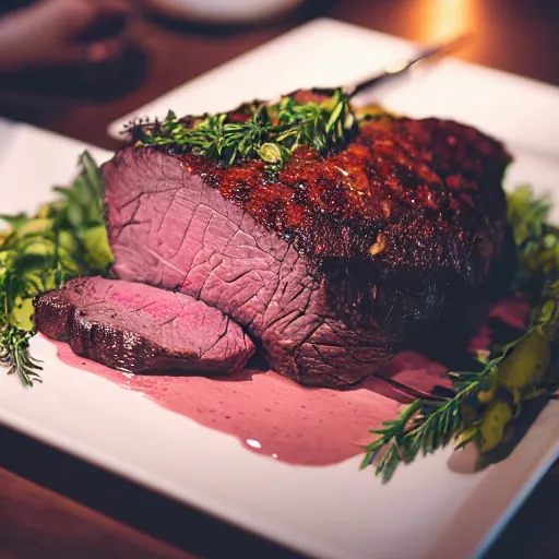 Image similar to perfect beautiful wine beef roast served in michelin star restaurant, bokeh, captured on canon eos r 6