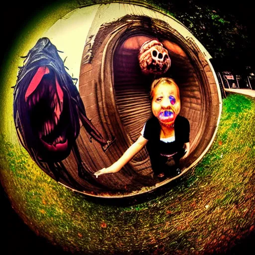 Prompt: A selfie of a fleshy-carrion monster trick or treating with a demon, fisheye lens photography, with a spooky filter applied, in a Halloween style.