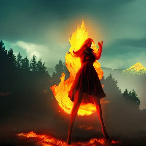 Prompt: Fire giantess made of fire, stormy background, forest fire, breathing fire, fire in hand, concept art, artstation, 4k