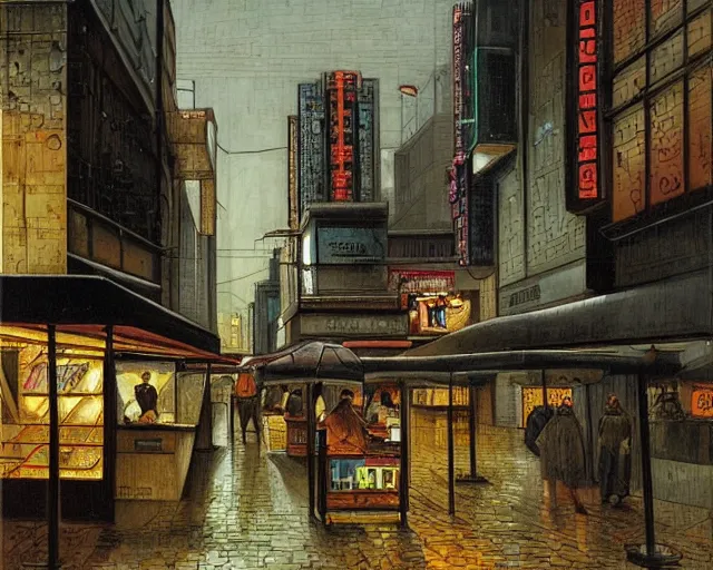 Image similar to street with food stands in a cyberpunk city on a rainy melancholy night by de chirico
