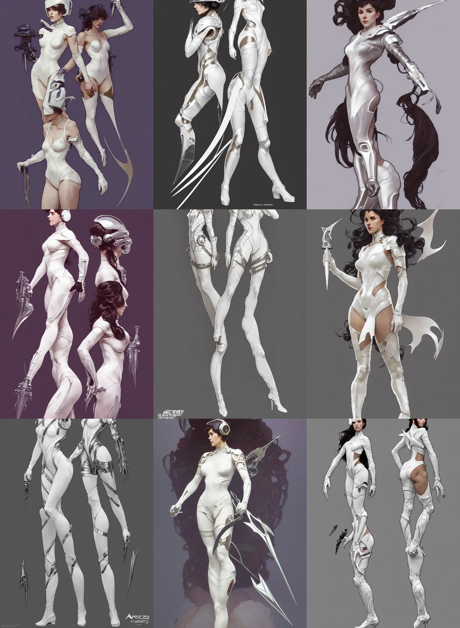 Image similar to a full body character design by artgerm, cushart krenz, greg rutkowski and alphonse mucha. sci - fi dagger. white tape project show attctive showgirl!! full body with helmet!! sharp edge. ultra clear detailed. contour light effect!! 8 k. stage light. ultra detailed, elegant, intricate, octane render.