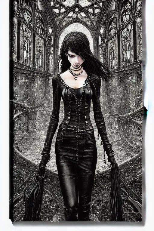 Prompt: dreamy gothic girl, black leather slim clothes, chains and metal parts, detailed acrylic, grunge, intricate complexity, by dan mumford and by alberto giacometti, peter lindbergh