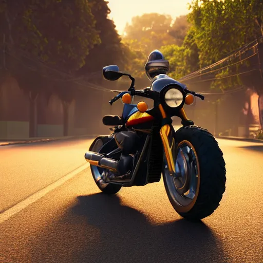 Prompt: 🏍, disney, pixar, 8 k, hd, dof, kodak film, volumetric lighting, subsurface scattering, iridescent, photorealistic, octane render