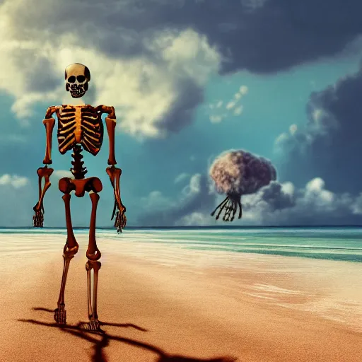 Prompt: High resolution photo of relaxed skeleton walking on the tropical beach with nuclear bomb explosion on the ocean, high quality, trending on Artstation, realistic, vibrant light color scheme, anatomically accurate skeleton, coherent, photorealism