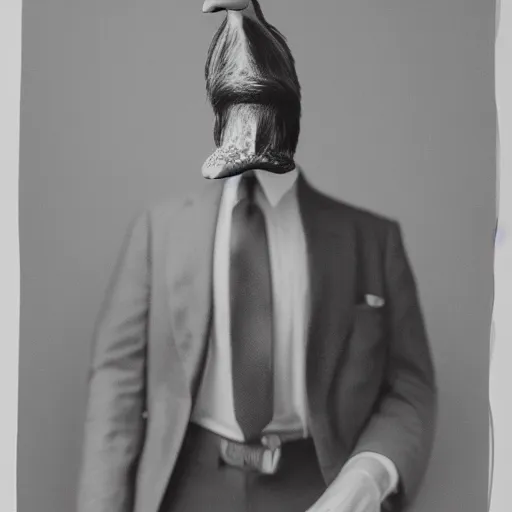 Prompt: a high detail photo of a man with a duck's head wearing a suit, photorealism