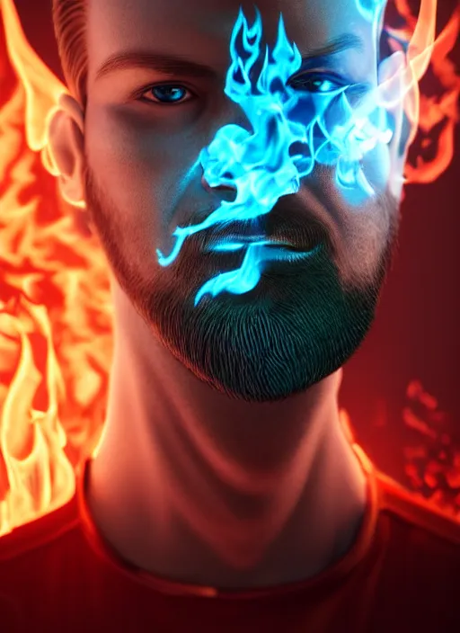 Image similar to Man with fire flames facial hair, light atmosphere, neon, cinematic shot, intricate, ornate, photorealistic, ultra detailed, realistic, 100mm, photography, octane, high definition, depth of field, bokeh, 8k, artstation