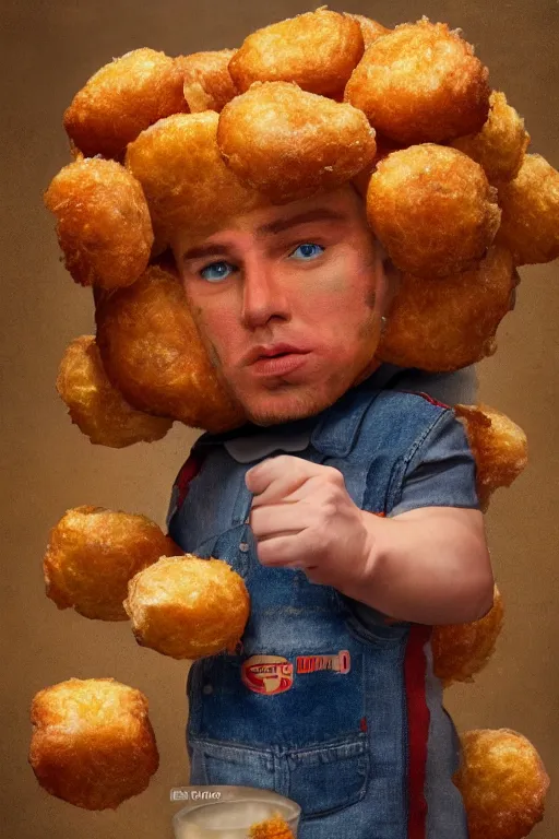 Image similar to channing tatum in a tater tot costume, oil on canvas, intricate, 8 k highly professionally detailed, hdr, cgsociety