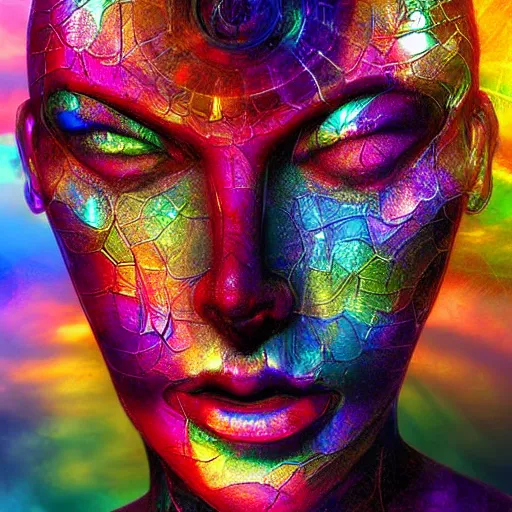 Prompt: of a glass sculpture of fantasy close up of a face with lots of colors and rays and strands digital art, concept eclectic, high detail