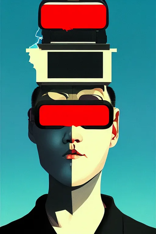 Image similar to north korean hacker wearing oculus and digital glitch head edward hopper and james gilleard zdzislaw beksisnski richard corben higly detailed