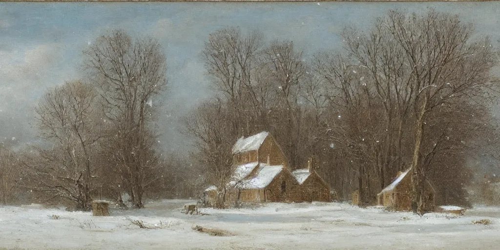 Prompt: a house during a severe winter, by george henry durrie, tree swaying, snow falling