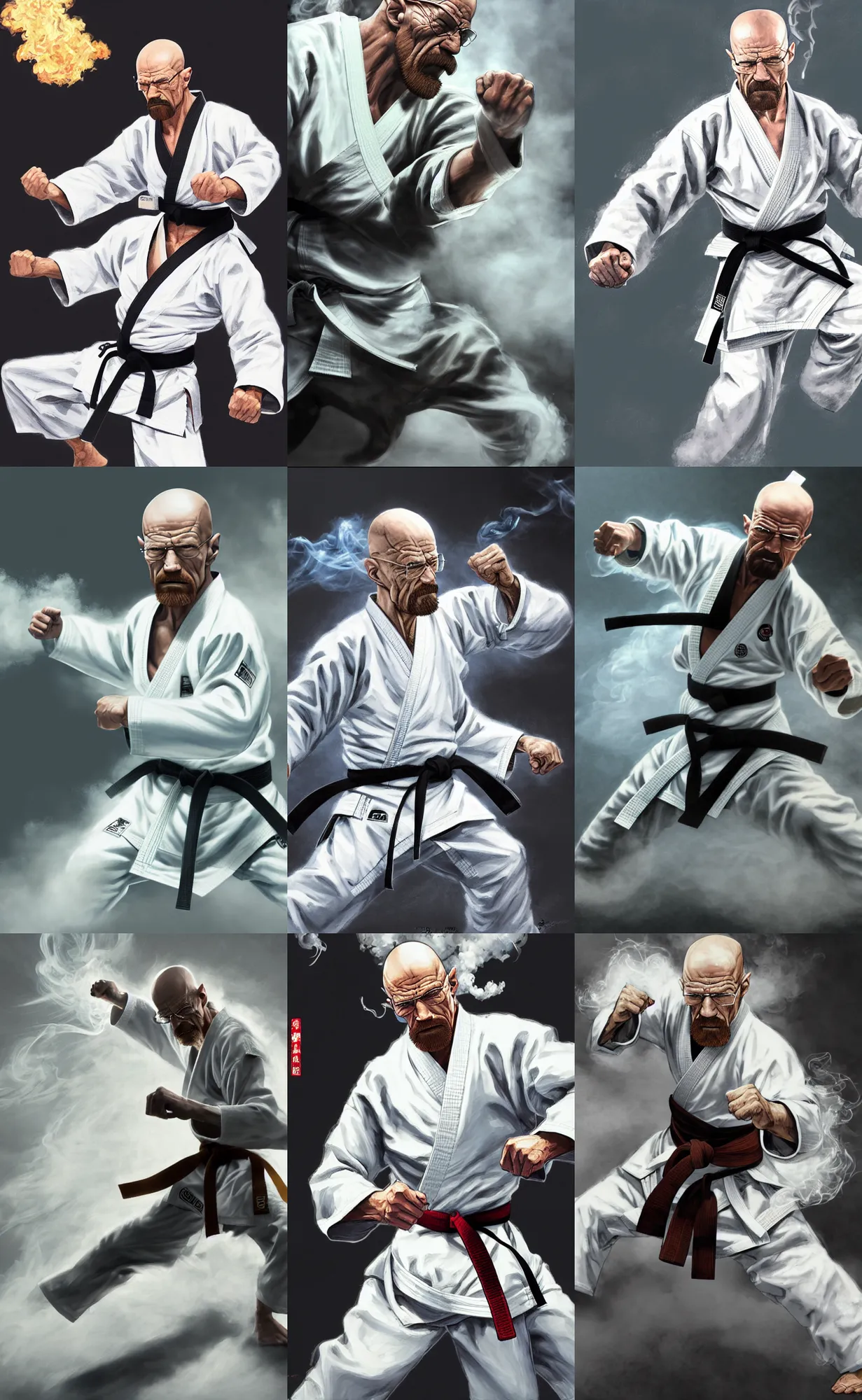 Prompt: Karate punching wood boards in half, Concept art of grandmaster walter white wearing a white martial artist gi, punching through stacked wood boards, bald head and white beard, emanating white smoke, fog fills the area, character surrounded by wispy smoke, plain background, by Chen Uen, art by Yoji Shinkawa, 4k