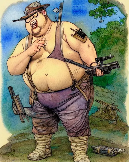 Image similar to a realistic and atmospheric watercolour fantasy character concept art portrait of a fat adorable dirty chibi duck wearing a wife beater and aiming a rifle, by rebecca guay, michael kaluta, charles vess and jean moebius giraud