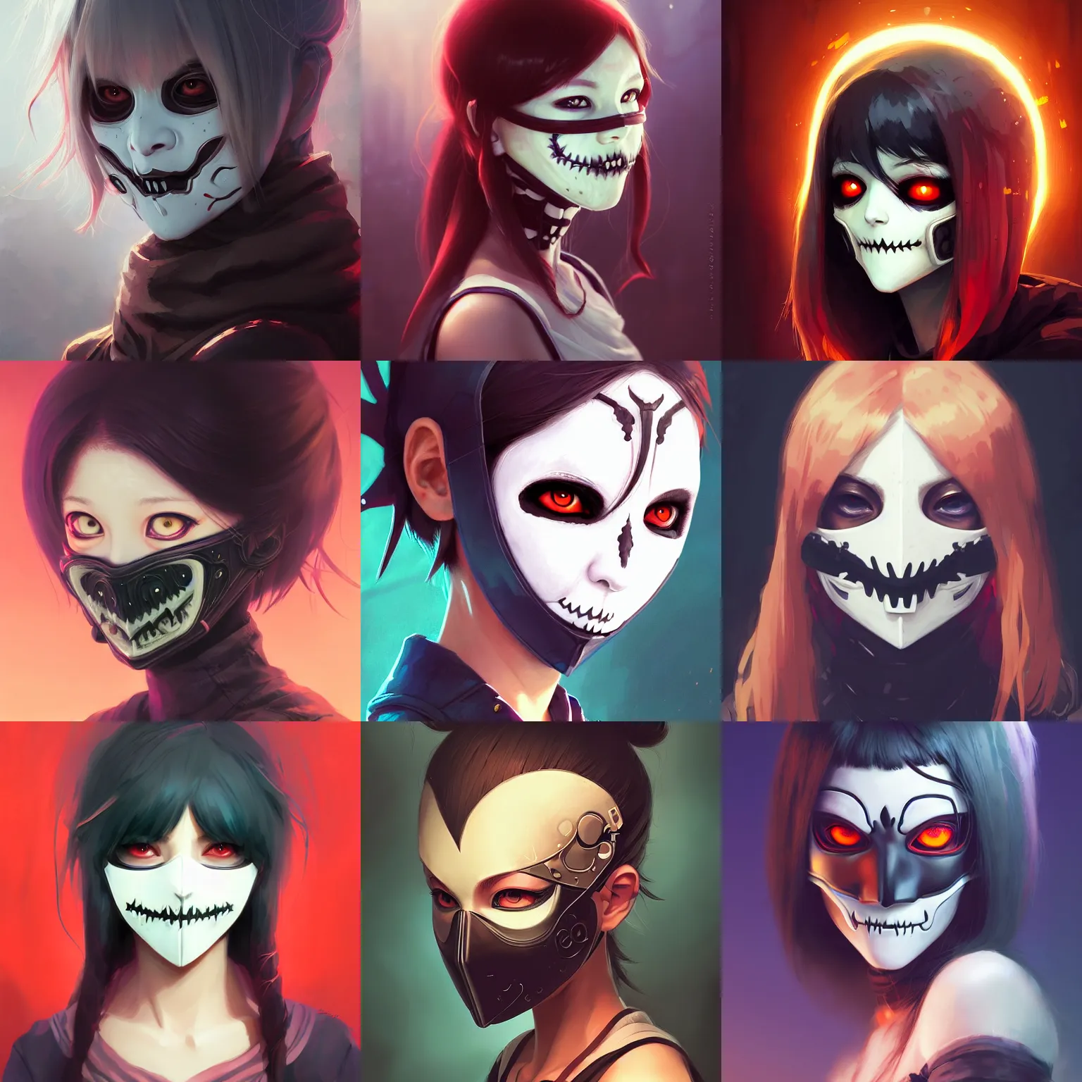 Prompt: headshot of female character wearing a mask with spooky design like tokyo ghoul, solid background color, digital art, illustration, smooth color, cinematic lighting, wenjun lin, studio ghibli, pixiv, artgerm, greg rutkowski, ilya kuvshinov