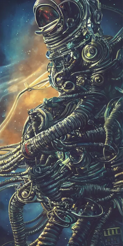 Image similar to eldritch astronaut with tentacles, retrofuturism, atompunk, dynamic composition, dramatic lighting, hyperrealistic, ultra detailed, nitro colors