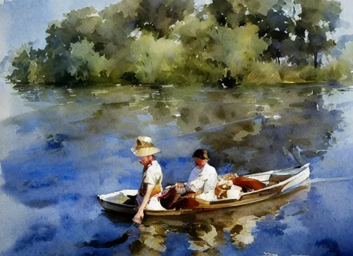 Image similar to watercolor painting of sunny summer day, calm water, art by anders zorn, wonderful masterpiece by greg rutkowski, beautiful cinematic light, american romanticism by greg manchess, creation by tyler edlin, aquarelle