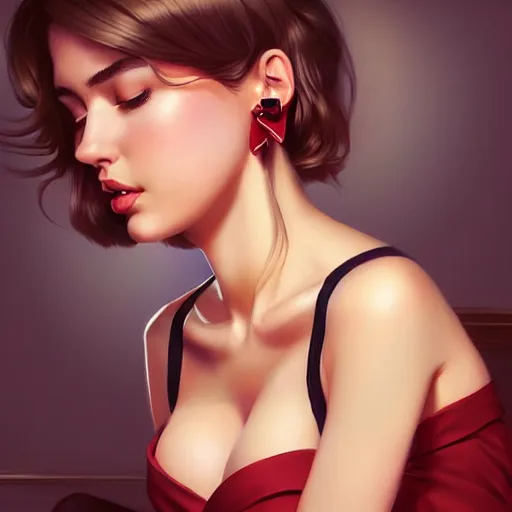 Prompt: sexy girl in a low cut blouse and short skirt, seductive pose, shoulder-length hair, ribbon in her hair, earrings, sitting on a bed. highly detailed, digital painting, in the style of artgerm and ross tran and ilya kuvshinov, high definition digital art
