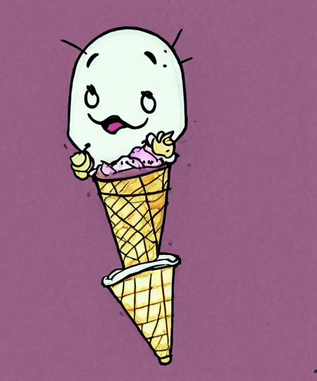 Image similar to cute drawing of a happy ghost holding an ice cream cone, cartoon, anime, cute