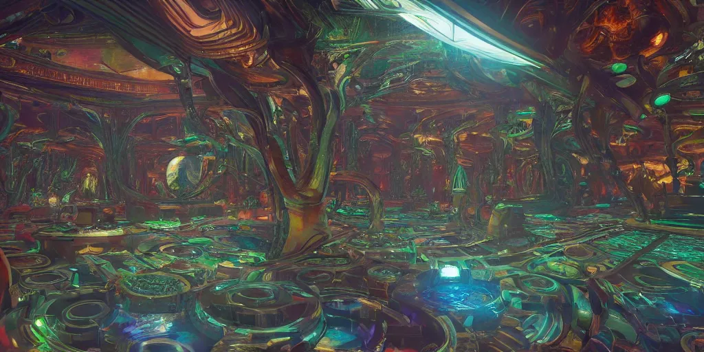 Image similar to a beautiful painting of an elaborate utopian sci - fi scene painted by hr giger and lisa frank, detailed, unreal engine, volumetric lighting, shadows, reflections