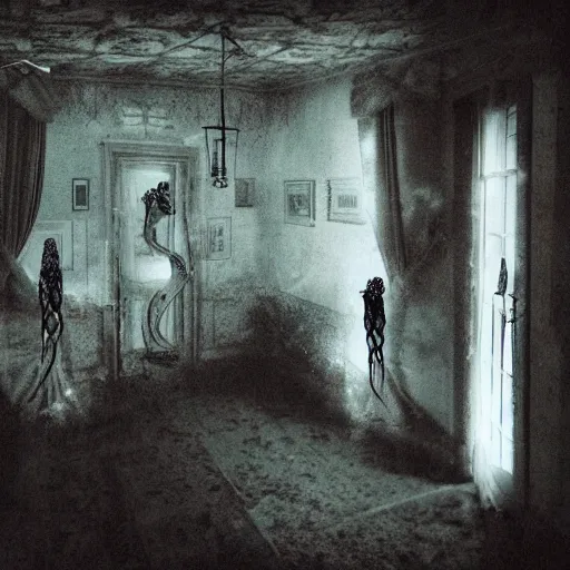 Image similar to picture of ghosts inside a creepy old house surrealism, surrealism album cover