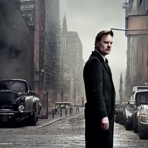 Image similar to as a detective in a movie directed by Christopher Nolan, movie still frame, promotional image, imax 70 mm footage