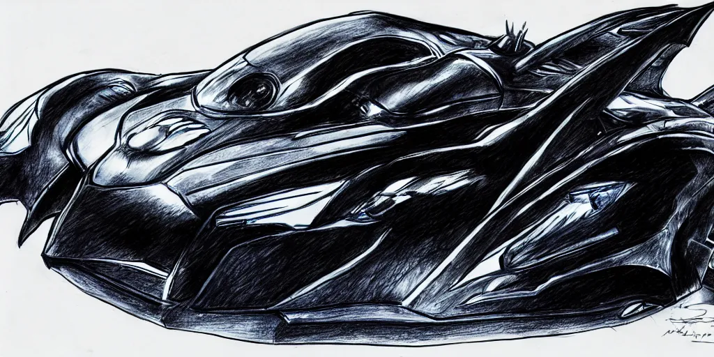 Image similar to ballpoint pen drawing of the batmobile, batman, arkham knight