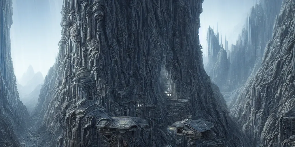Image similar to ultra detailed, futuristic cityscape carved into mountain wall, cyberpunk, fantasy, intricate details, professional digital painting, photorealistic, surreal, artstation, concept art, smooth, sharp focus, atmospheric, hyperdetailed, Unreal Engine 5, cinema 4D, zbrush, octane render, Photorealism, 8k, cinematic, art by h.r. giger and artgerm and greg rutkowski and alphonse mucha and loish and WLOP