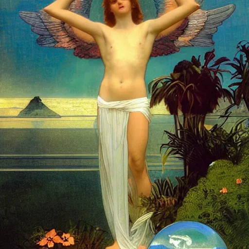 Image similar to The chalice of the angels, refracted sparkles, thunderstorm, greek pool, beach and Tropical vegetation on the background major arcana sky, by paul delaroche, alphonse mucha and arnold böcklin, hyperrealistic 8k, award-winning, very very very detailed