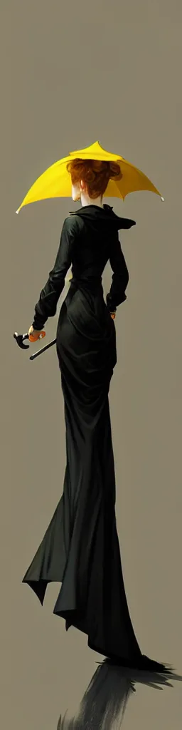 Image similar to A very tall, slender woman wearing black puffy clothes and holding a yellow umbrella, sharp focus, intricate, elegant, digital painting, artstation, matte, highly detailed, concept art, illustration, ambient lighting, art by artgerm, Alphonse mucha, and Greg Rutkowski
