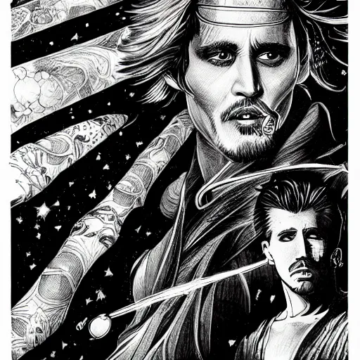 Image similar to black and white pen and ink!!!!!!! Johnny Depp x Ryan Gosling wearing cosmic space robes made of stars final form flowing royal hair golden!!!! Vagabond!!!!!!!! floating magic swordsman!!!! glides through a beautiful!!!!!!! Camellia flower battlefield dramatic esoteric!!!!!! Long hair flowing dancing illustrated in high detail!!!!!!!! by Moebius and Hiroya Oku!!!!!!!!! graphic novel published on 2049 award winning!!!! full body portrait!!!!! action exposition manga panel black and white Shonen Jump issue by David Lynch eraserhead and beautiful line art Hirohiko Araki!! Rossetti, Millais, Mucha, Jojo's Bizzare Adventure