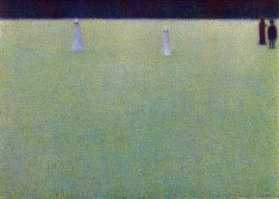 Image similar to white sheet ghost standing in an empty field, by georges seurat