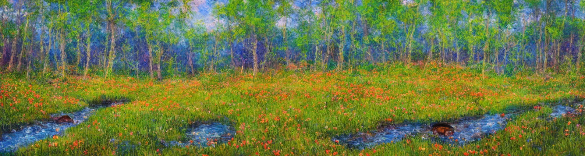 Prompt: an impressionist painting of a gorgeous meadow with a stream flowing through it surrounded by large mushrooms, psychedelic colors, trending on artstation,