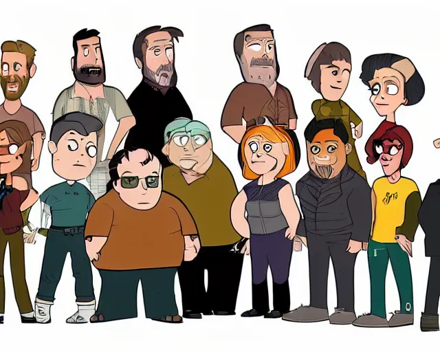 Prompt: The cast of shitts creek as drawn by titmouse animation studio