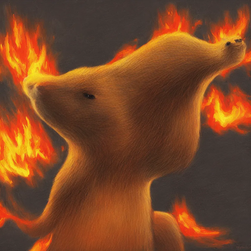 Image similar to one capybara on fire, digital oil painting