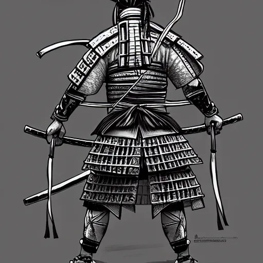 Image similar to A FULL BODY PORTRAIT FROM BEHIND OF A SAMURAI ,THE MAN kEEPS A KUSARIGAMA AND IT IS WRAPPED IN CHAINS ,detailed, concept art, ink style , sketch