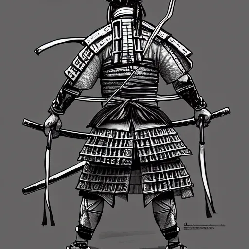 Prompt: A FULL BODY PORTRAIT FROM BEHIND OF A SAMURAI ,THE MAN kEEPS A KUSARIGAMA AND IT IS WRAPPED IN CHAINS ,detailed, concept art, ink style , sketch