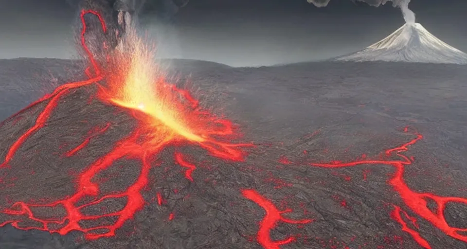 Image similar to a volcano made of ivory vines and crimson rocks enters in eruption, it spits a smoke in the shape of demonic eye, from Final fantasy